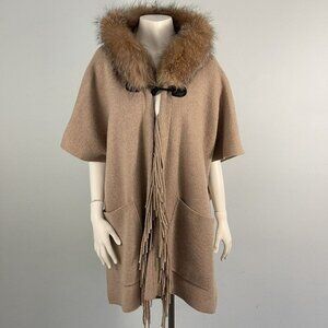 Mitchie's 100%Wool Hooded Poncho Cape Fox Fur Trim Beige Tan Coat